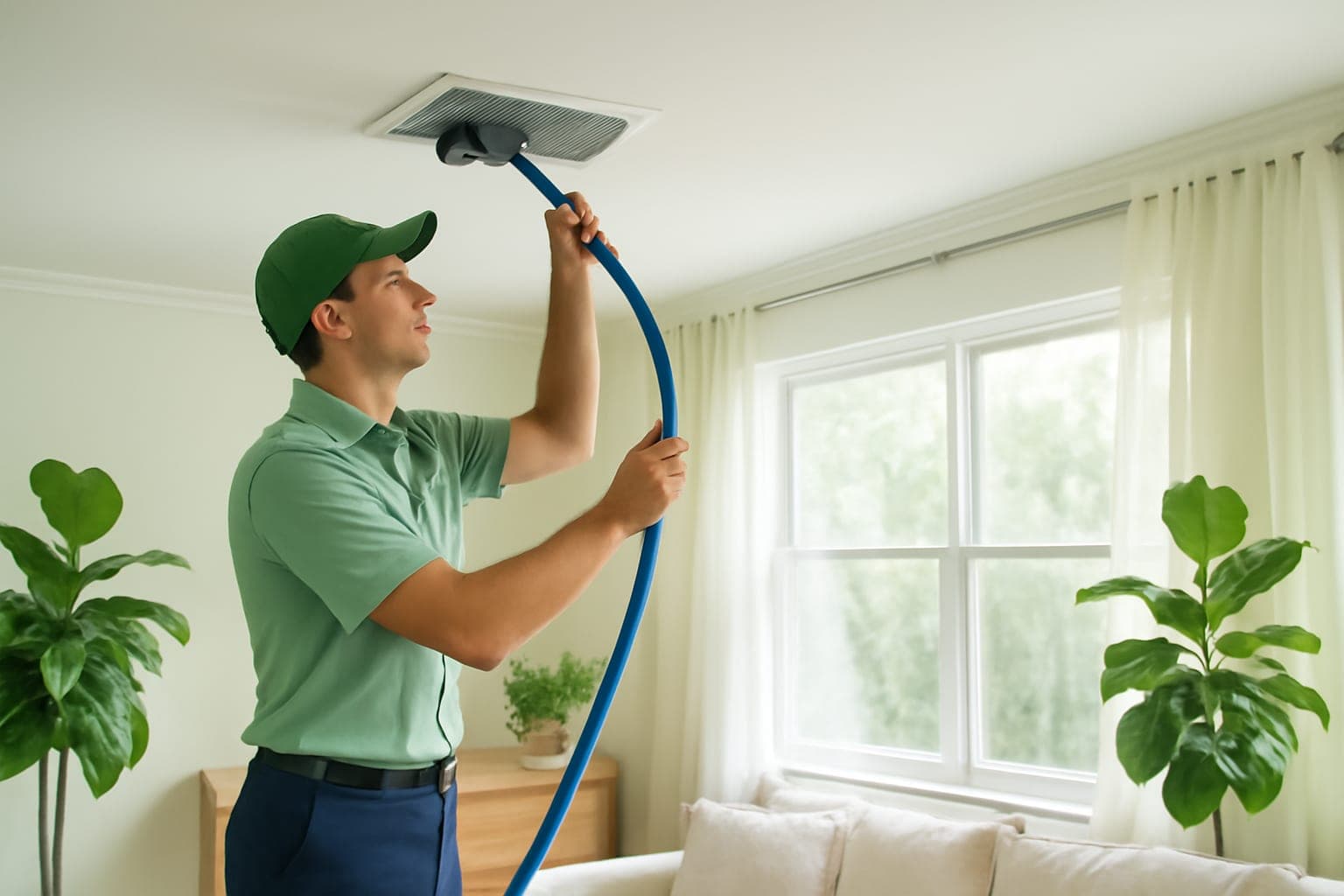 Fresh Air technician cleaning a ceiling air duct register in a bright Houston, TX living room