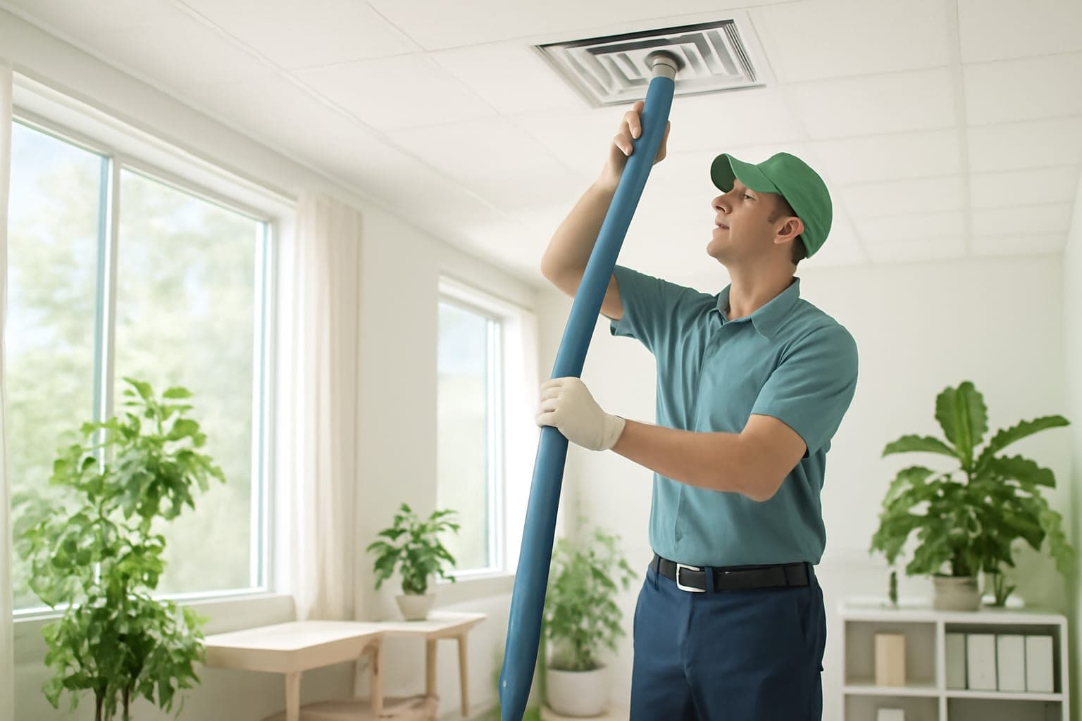 Commercial air duct cleaning in a bright Houston, TX office — technician servicing a ceiling diffuser