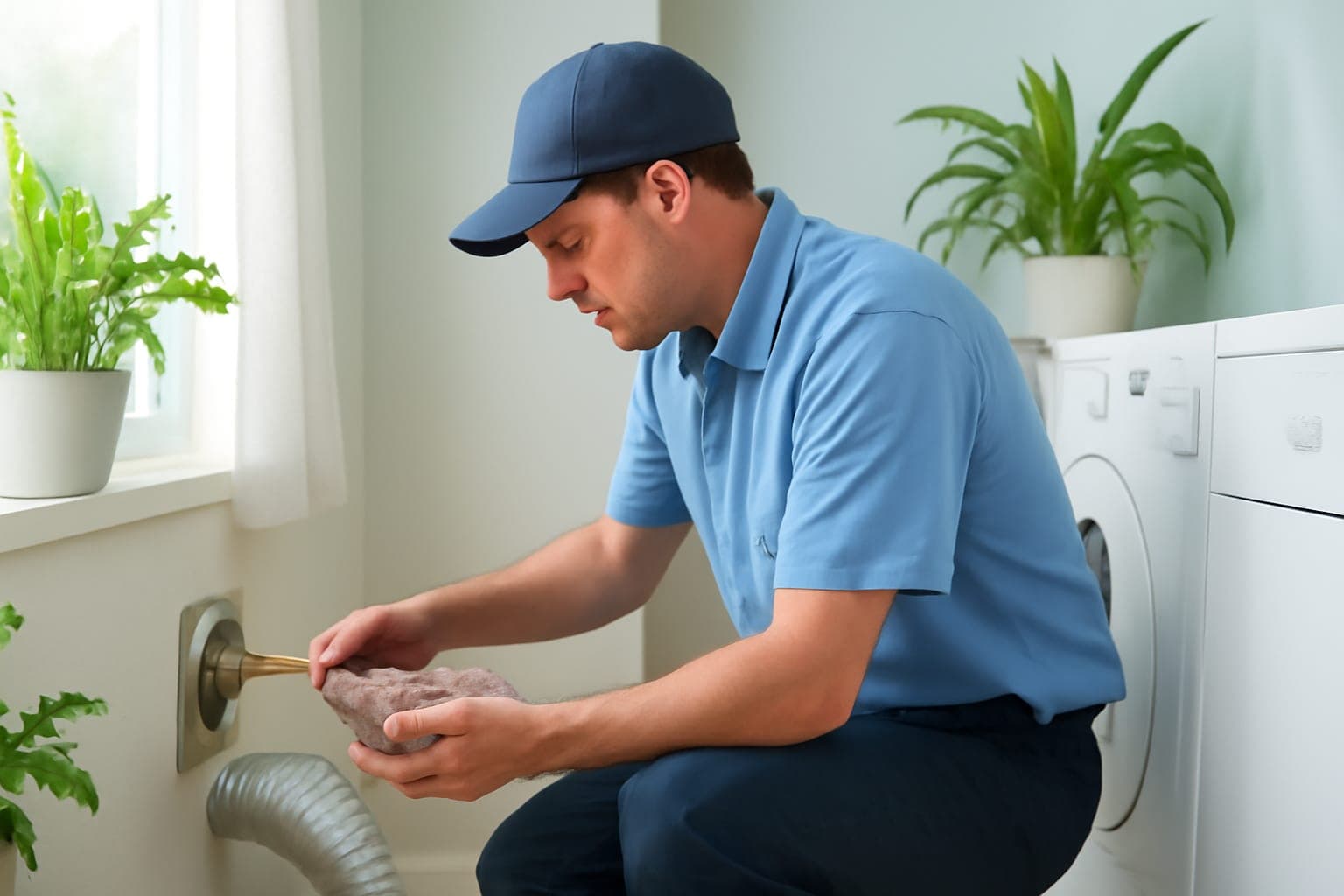 Dryer vent cleaning in a Houston, TX laundry room — technician removing lint from the exhaust duct