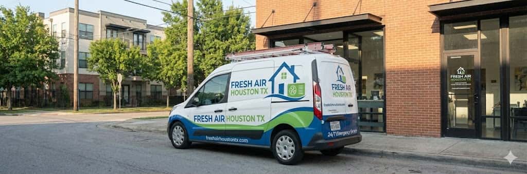 Fresh Air Duct Cleaning Houston service van parked outside a Houston home — residential and commercial air duct cleaning