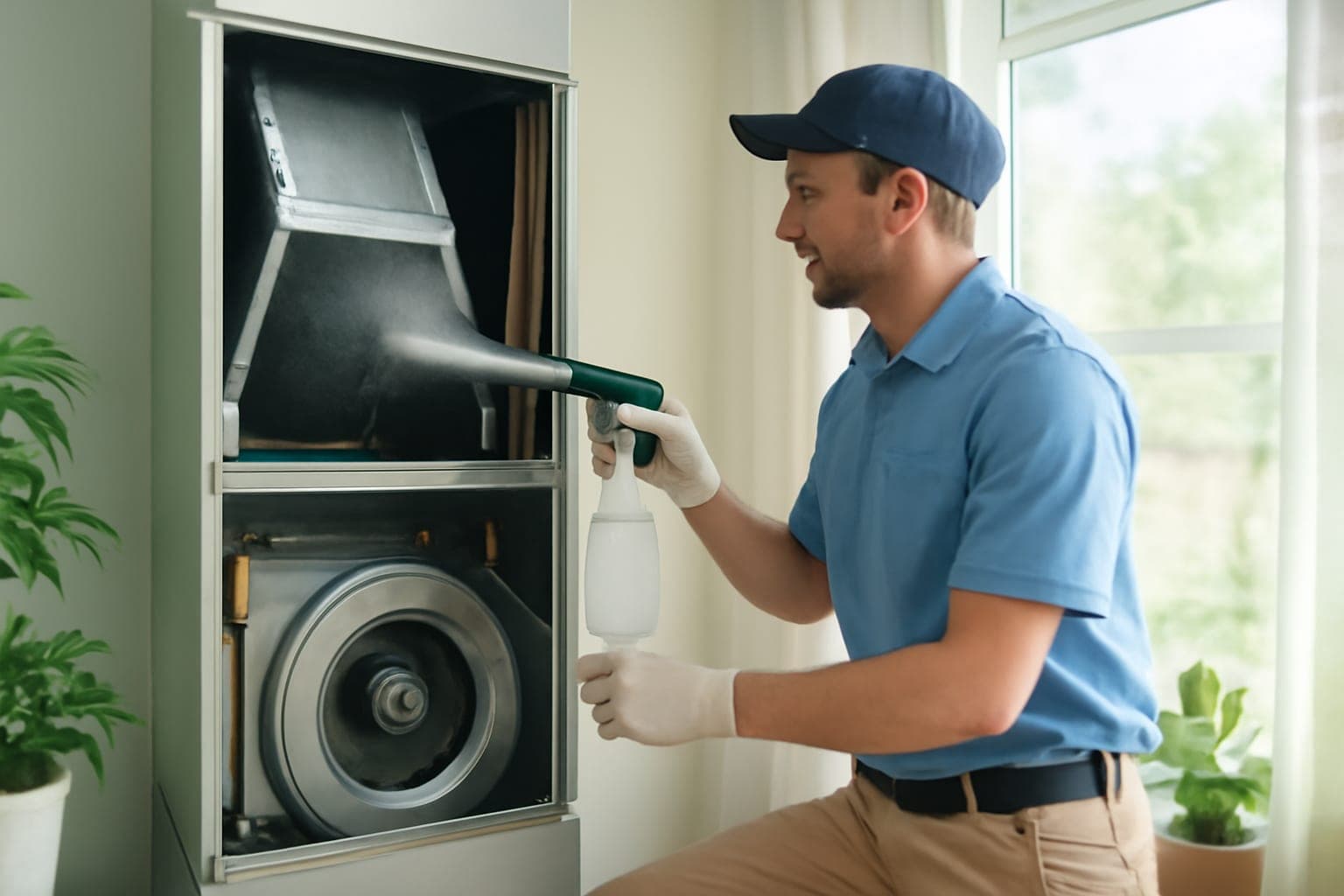 HVAC sanitization treatment being applied inside an air handler in a Houston, TX home